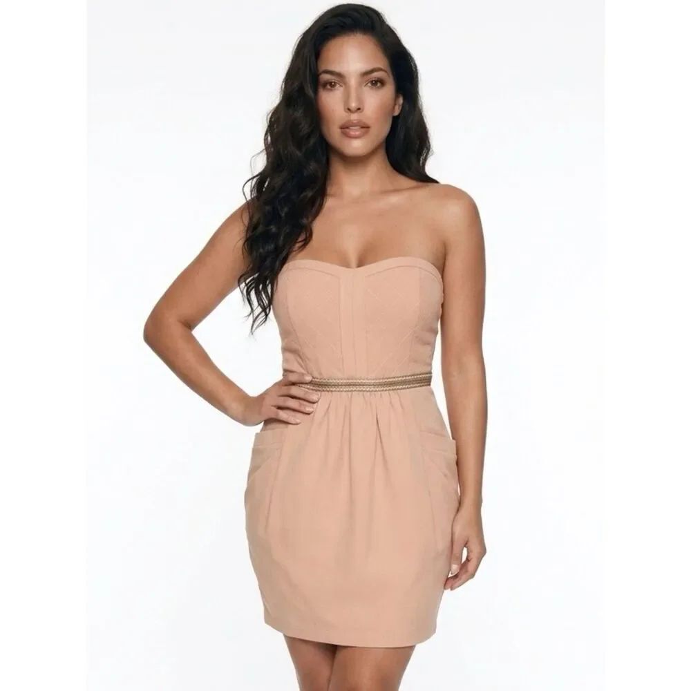 MM COUTURE | Beaded Strapless Tan Mini Dress Large
